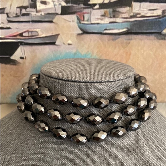 Vintage 90s Banana Republic Gunmetal Faceted Glass Hand Knot Beads Necklace - Picture 1 of 8